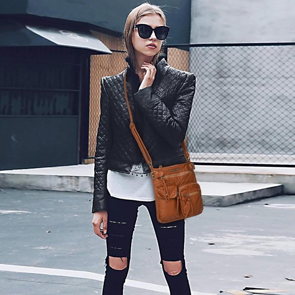 Womens Camel Leather Multi Pocket Shoulder Purses - Picture 2 of 6